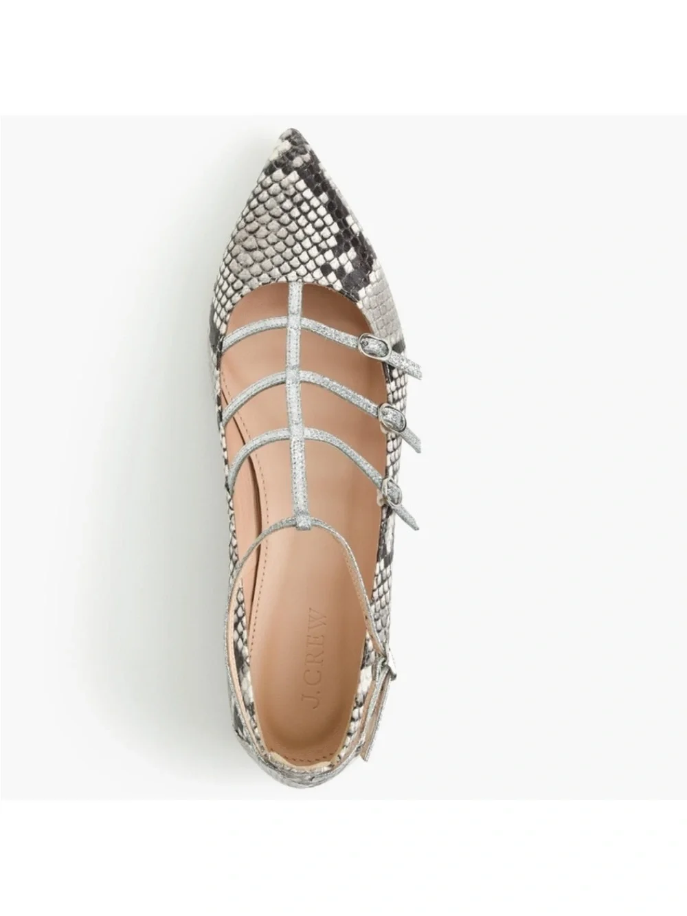 J. Crew Silver Snakeskin-Print Caged Pointed Flats
